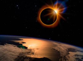 Photo. Solar eclipse over water near the edge of a landmass, as viewed from low Earth orbit.